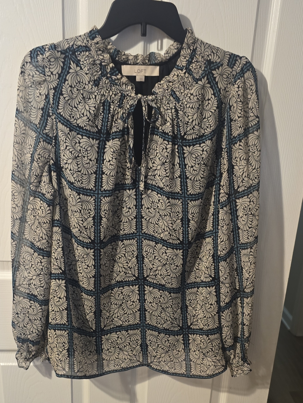 LOFT Teal and Cream Tile-Print Tie-Neck Blouse